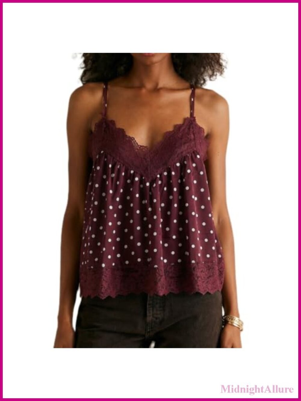 Semi Sheer Babydoll Camisole Lace Trim Adjustable Spaghetti Straps V Neck